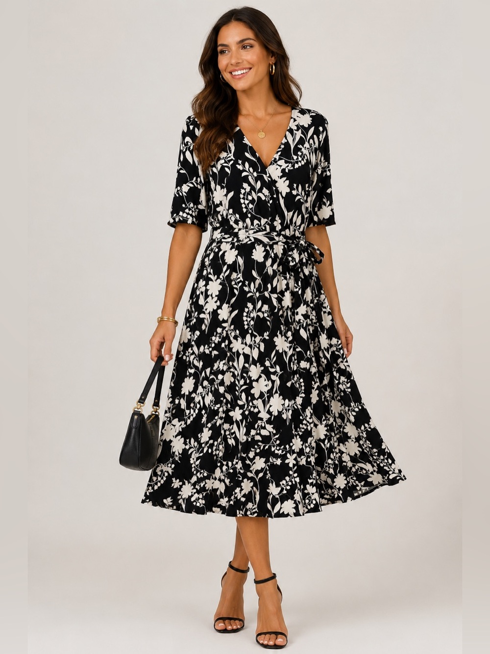 Isaac Mizrahi Live Floral Belted Midi Dress Large Black White Chic